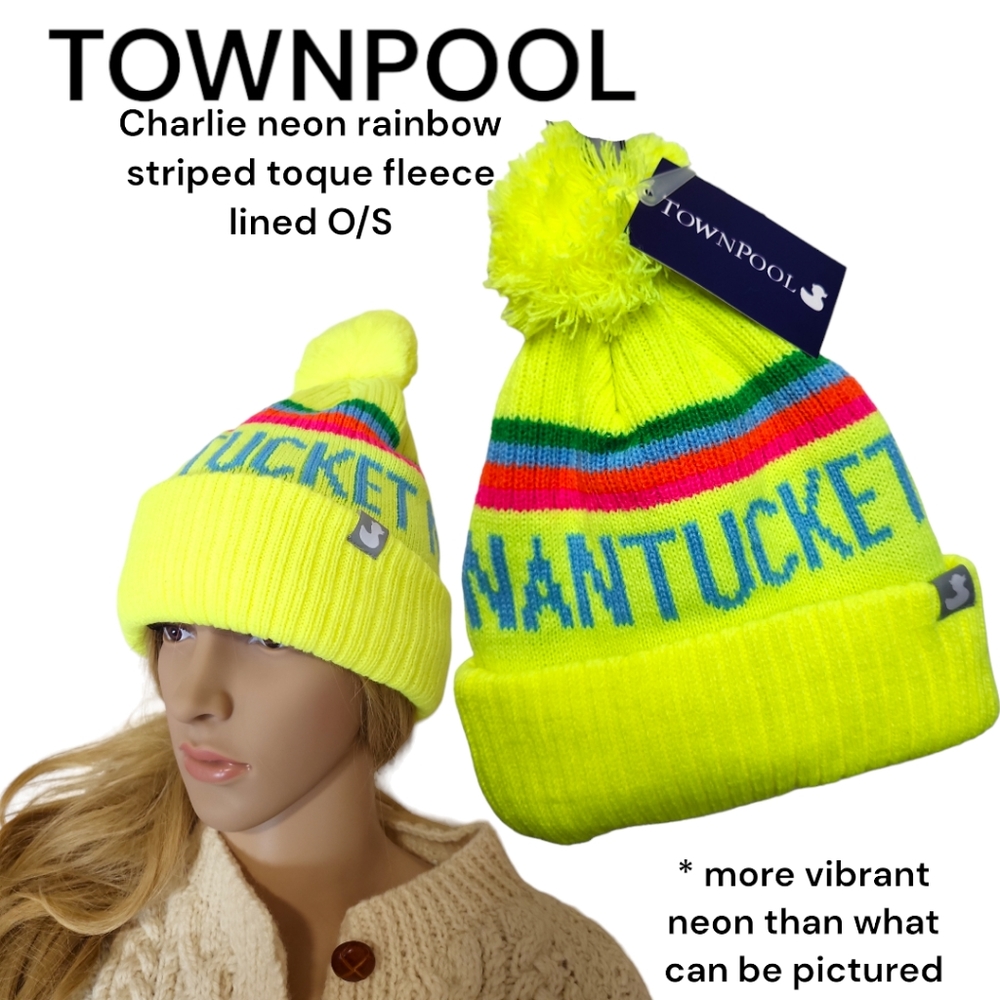 Charlie Nantucket bright neon yellow rainbow stripe fleece lined winter hat